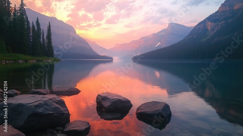 A panoramic view of a tranquil lake at twilight,