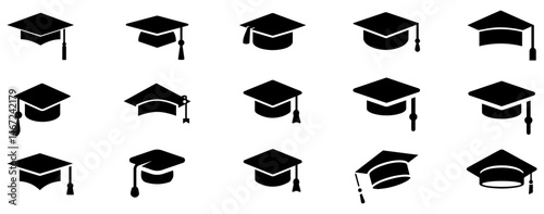 Graduation hat cap icons set. Academic cap. Graduation student black cap and diploma. Vector Illustration. Vector Graphic. EPS 10
