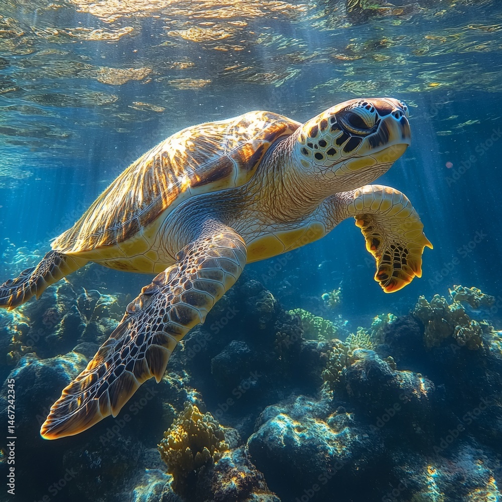 Fototapeta premium Sea Turtle Swimming in Coral Reef with Sunlight Rays Breaking Through Water Surface