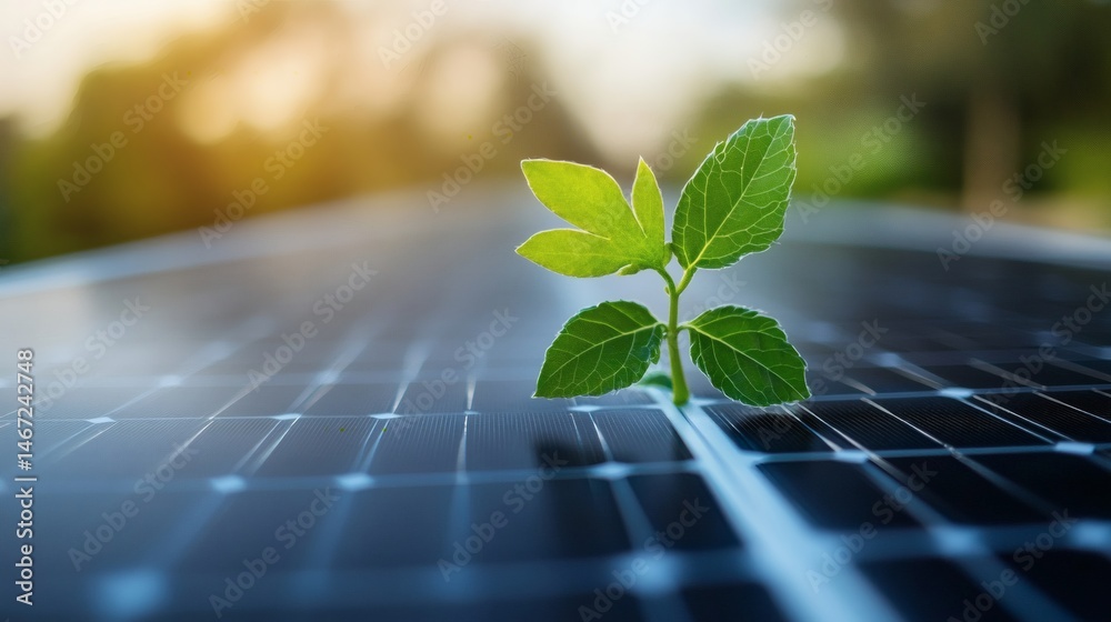 Sprout on solar panel representing eco-friendly power, renewable resources, and the future of sustainable environmental technology