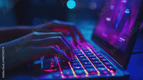 Close-up of hands typing on a glowing keyboard, a laptop in a brightly lit gaming environment