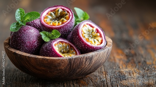 Fresh passion fruit slices in a wooden bowl photo