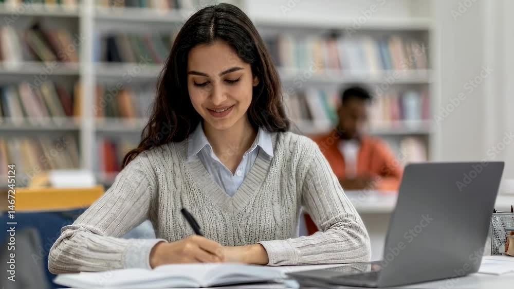 Young woman studying at a library desk Young woman studying at a library desk