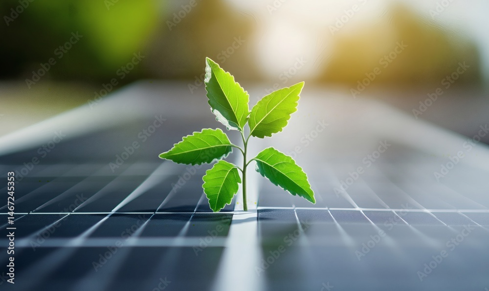 Sprout on solar panel representing eco-friendly power, renewable resources, and the future of sustainable environmental technology