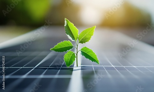 Obraz na płótnie Sprout on solar panel representing eco-friendly power, renewable resources, and the future of sustainable environmental technology
w salonie