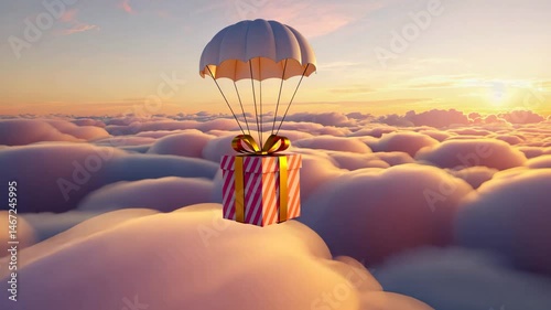 Gift box with parachute flying fast towards the camera above fluffy clouds during sunset