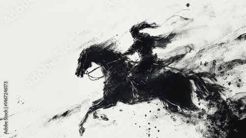 Traditional Ink Painting of a Warrior on Horseback