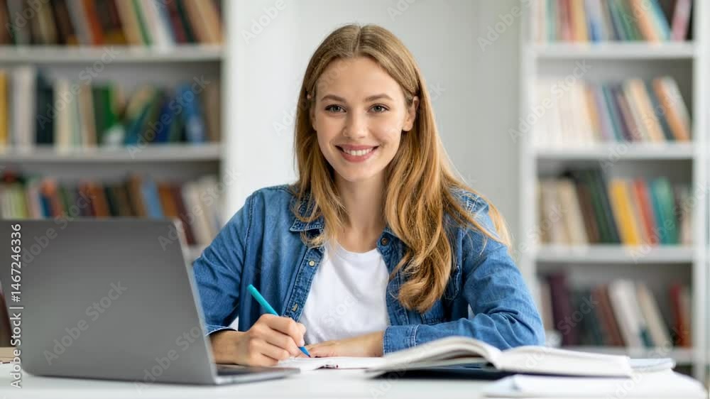 Young woman studying at a library desk Young woman studying at a library desk