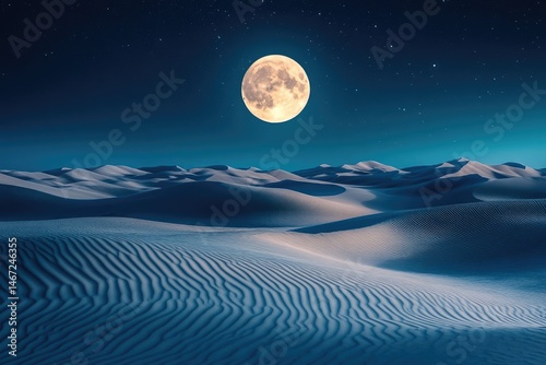 Serene desert landscape under a full moon at night, stars visible in the dark sky.