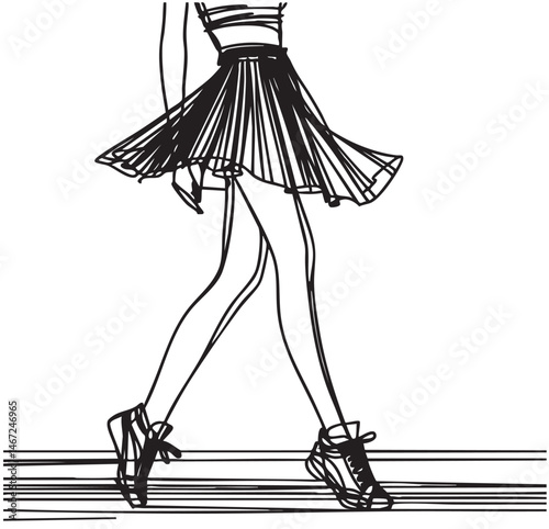 A woman's legs are drawn in black. The legs are shown in a very simple way, with no detail. She is wearing a short skirt.
