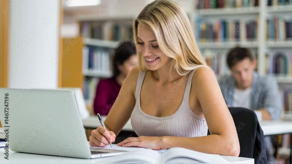 Young woman studying at a library desk Young woman studying at a library desk