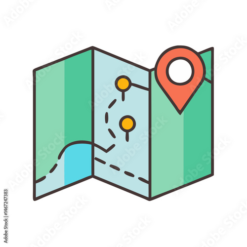 Find location on folded travel map with destination pin and route for vacation planning trip