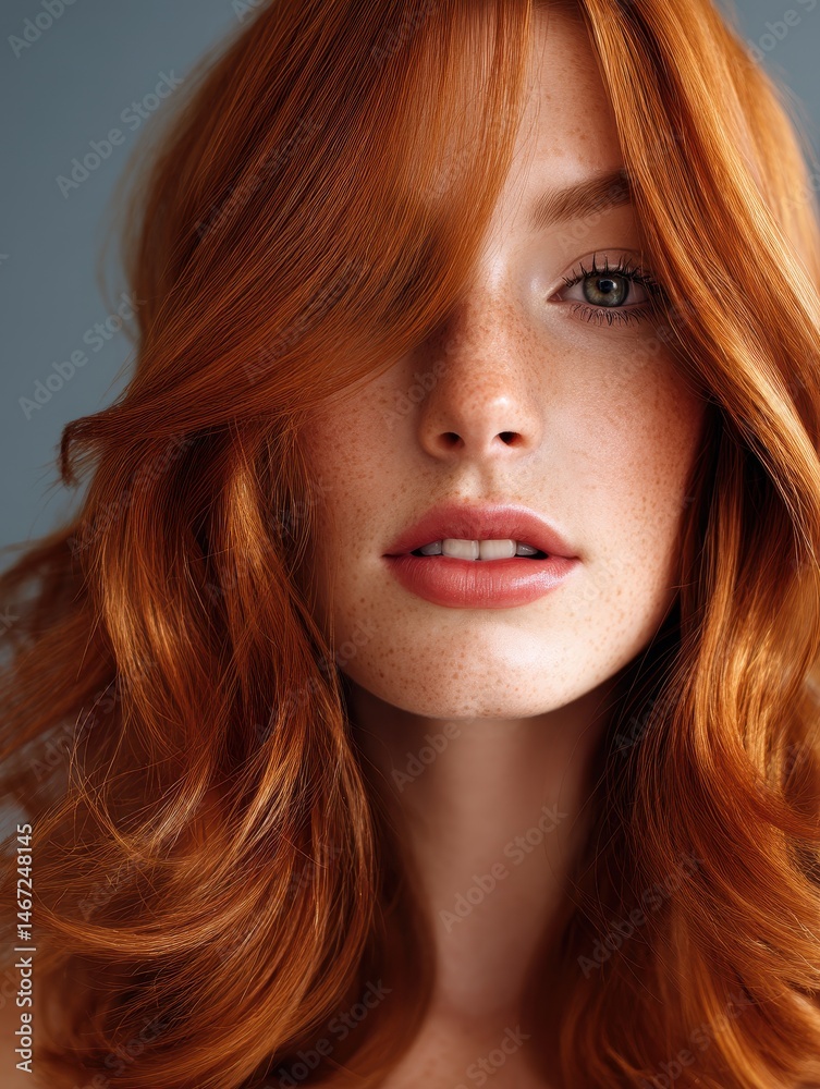 Naklejka premium Close-up of soft flowing ginger hair, vibrant red-orange tones and healthy gloss in a beauty-focused portrait