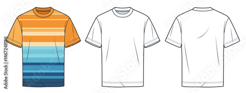 Striped Crew Neck T-Shirt Technical Fashion Illustration. Tee Shirt fashion flat technical drawing template, relaxed fit, front and back view, white, yellow, blue, women, men, unisex Top CAD mockup.