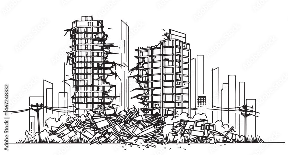 Fototapeta premium Line sketch high-rise destruction building. Abstract background. There is a crack in the wall of the house. Sketch. Broken, destroyed