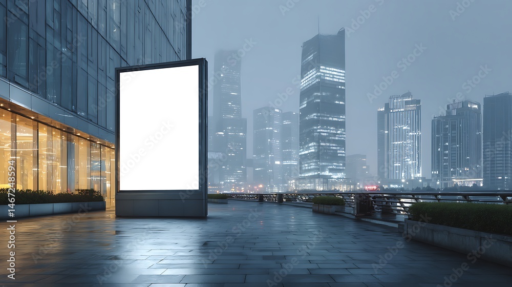 Obraz premium Urban setting at evening or early morning with large blank billboard in foreground, modern tall buildings with illuminated windows in background, pedestrian walkway and serene ambiance from city light