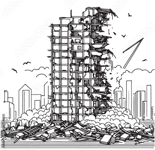 Line sketch high-rise destruction building. Abstract background. There is a crack in the wall of the house. Sketch. Broken, destroyed