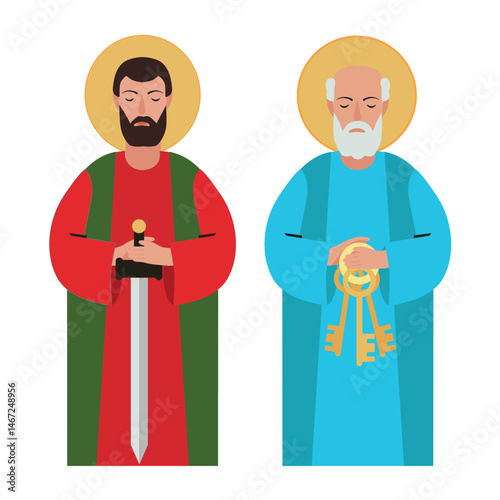 Two stylized saints Peter and Paul, with symbols of sword and keys