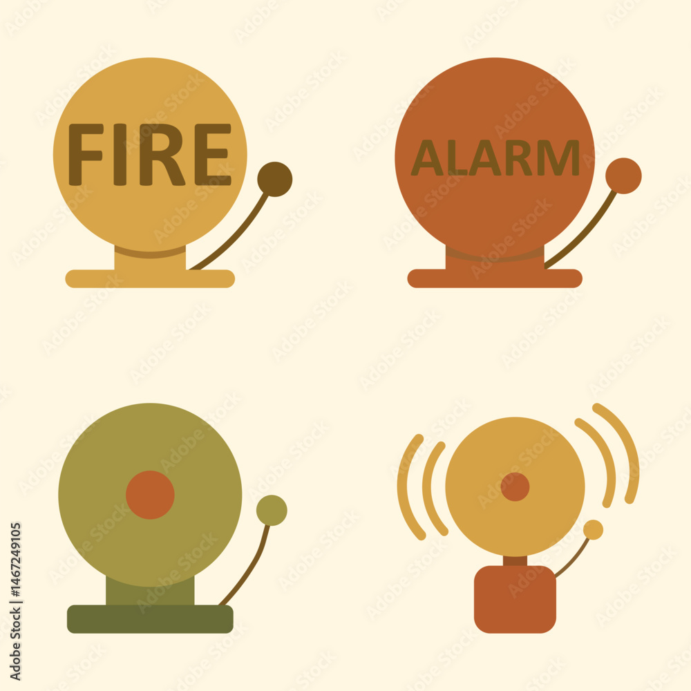 Fototapeta premium Collection of Fire Alarm Bell Illustrations in Retro Flat Style with Vibrating Effect