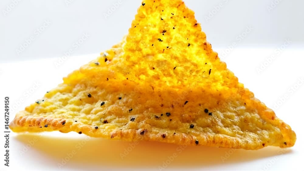 High Angle Golden Yellow Triangle Tortilla Chips on a Crisp White Background Showing a Textured Surface and Subtle Dark Specks Highlighting Their Texture and Shape