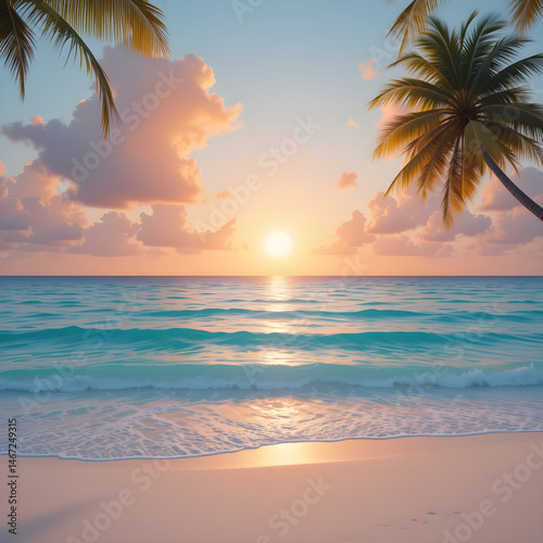 3D render of tropical beach at sunset with turquoise ocean, swaying palms, and tranquil golden light