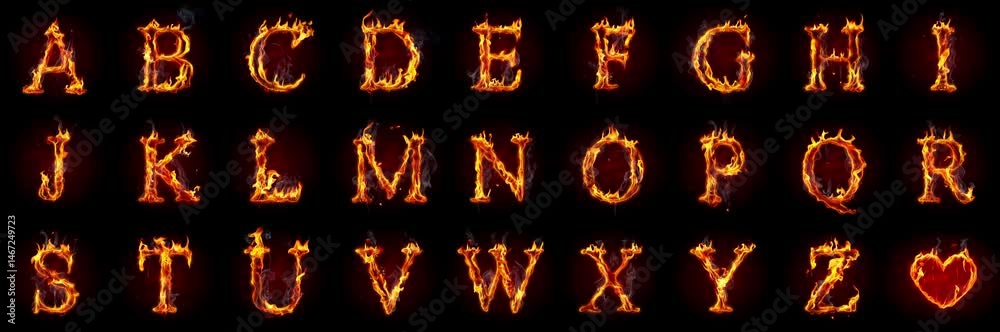 Fire letters isolated on black background. Burning alphabet and heart symbol. Made of real flames, sparks and smoke in slow motion.