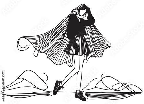 Beautiful young girl in stylish clothes. Fashion woman look. Sale concept. Hand-drawn fashion illustration. Cute girl in fashion clothes