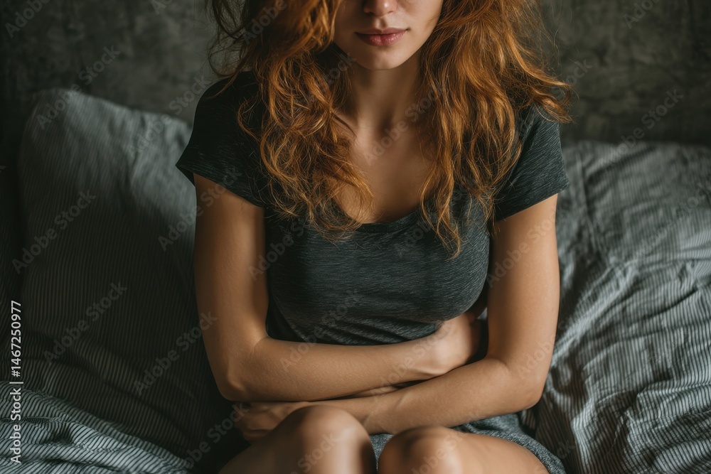 Naklejka premium Woman with Red Hair Clasping Her Stomach While Sitting on Striped Bedding in a Dark Room, Experiencing Pain