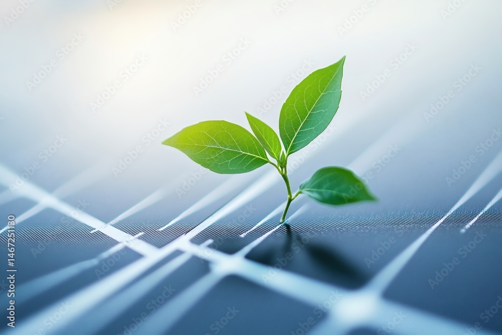 Sprout on solar panel representing eco-friendly power, renewable resources, and the future of sustainable environmental technology