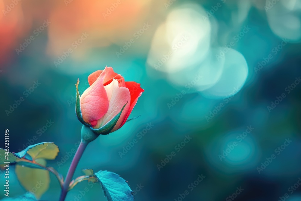 Obraz premium A softly-lit rose bud with red and pink petals, surrounded by blurred teal and peach bokeh background, focused and peaceful.