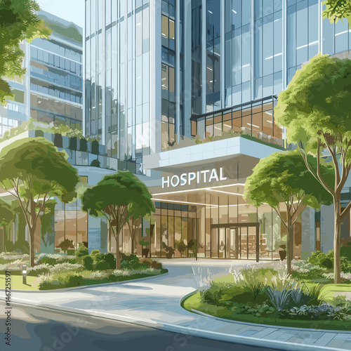 Modern hospital entrance surrounded by greenery and landscaped grounds, architectural illustration concept