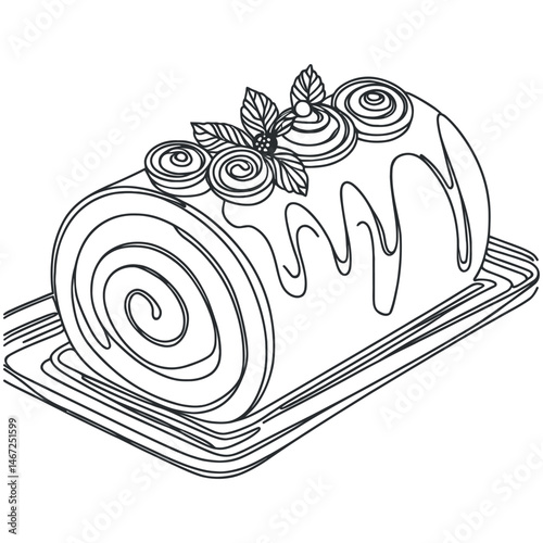 Roll biscuit cake in continuous one line art style. Cafe, bakery, restaurant logo concept. Vector illustration