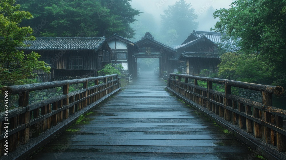 Fototapeta premium Ancient wooden bridge in a misty Japanese village
