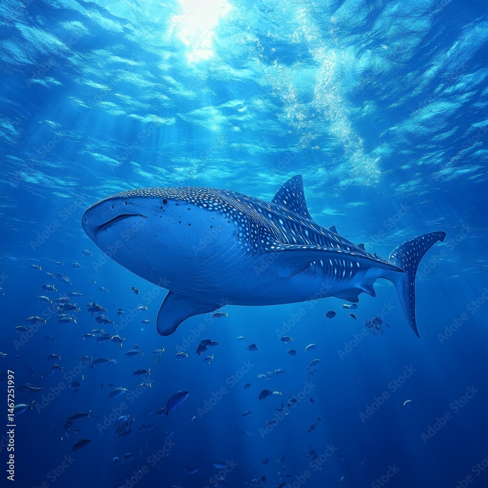 Obraz premium Whale Shark Underwater Amidst Sunlight Rays and School of Fish