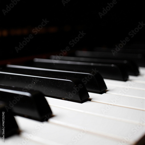 A moody close-up of piano keys, focusing on the glossy black and white surfaces in soft, dramatic lighting. Emphasizes texture, contrast, and musical atmosphere.