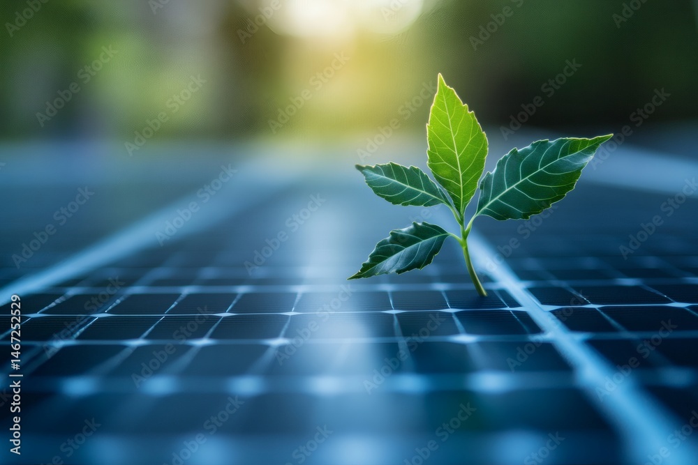 Sprout on solar panel representing eco-friendly power, renewable resources, and the future of sustainable environmental technology