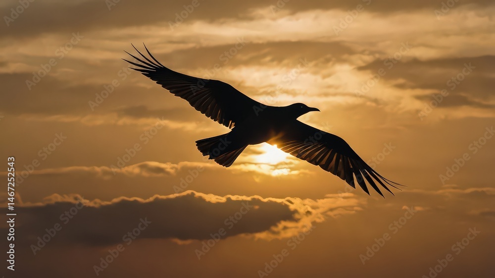 Naklejka premium Silhouette of a bird flying against a golden sunset sky with clouds and bright sun shining through