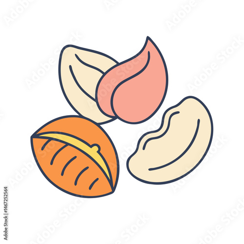 Illustration of peanuts shelled and in shell for snack food nutrition and healthy eating concept