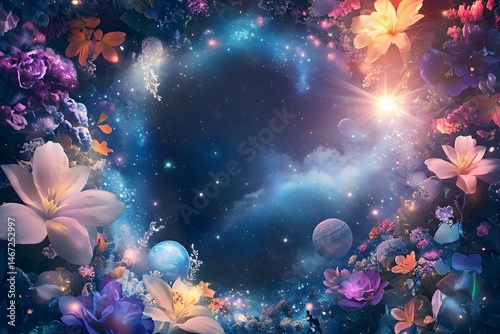 Celestial floral arrangement featuring sparkling galaxy and vibrant bloom imagery
