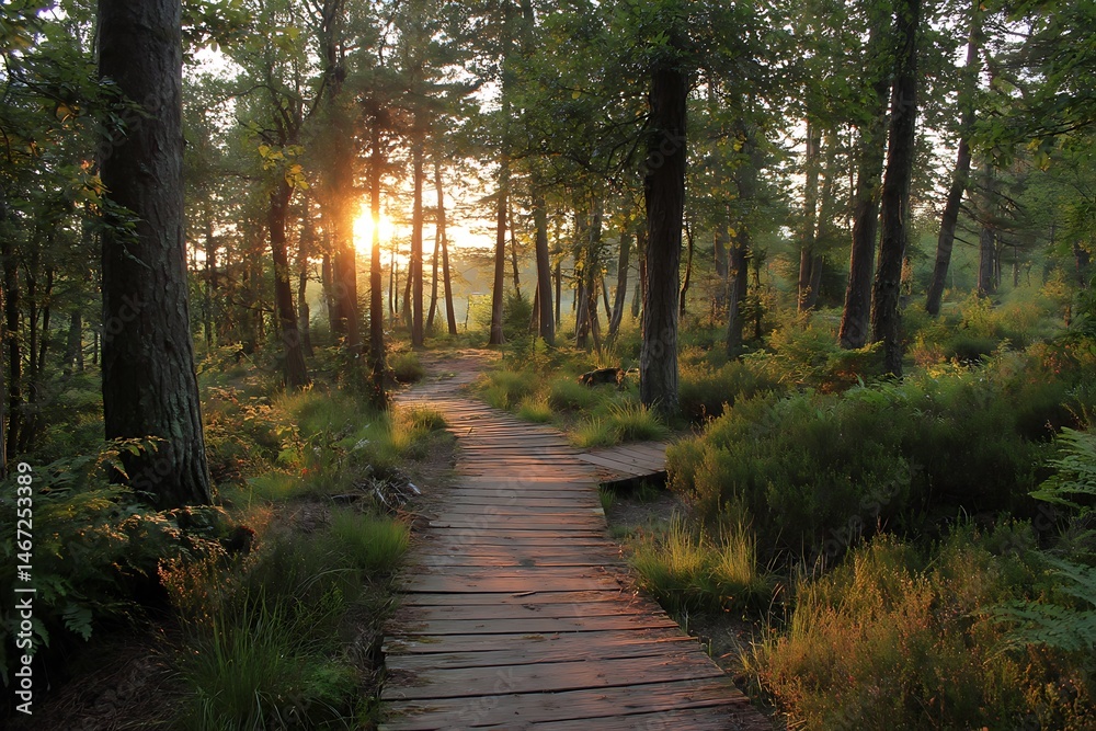 Obraz premium Warm dusk over forest with timber pathway