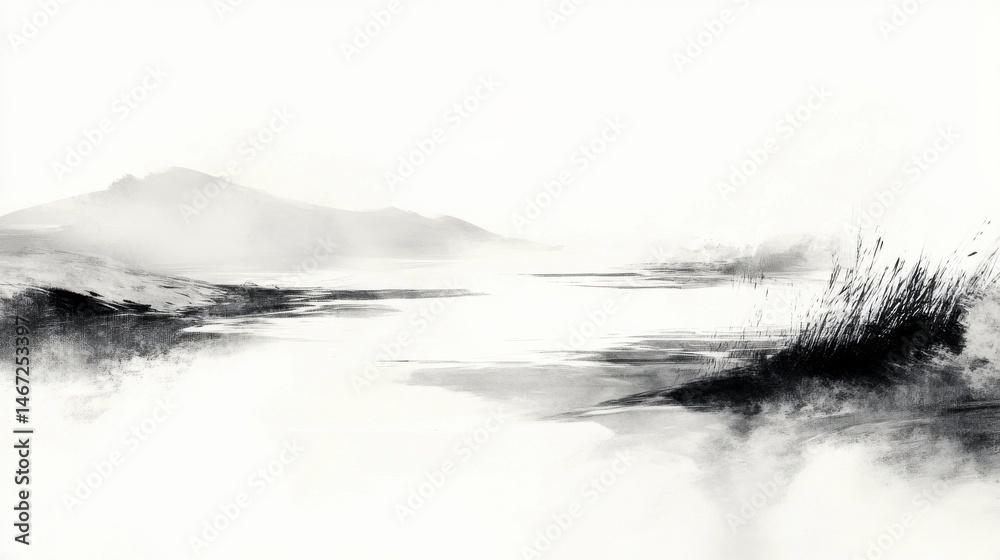 Obraz premium Minimalist Ink Painting of a Gently Flowing River