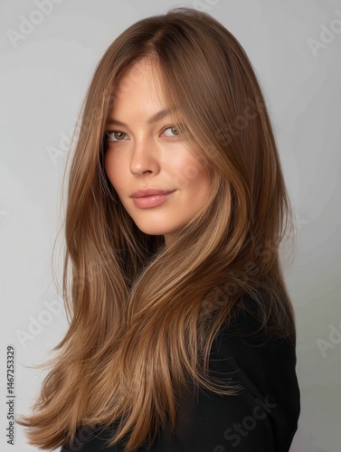 Long, light brown hair falling gracefully over shoulders, soft light enhancing silky texture and luster