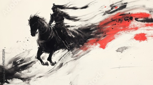 Traditional Ink Painting of a Warrior on Horseback