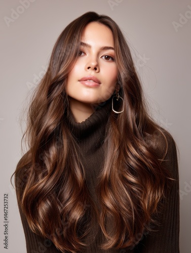 Long light brunette hair cascading in soft waves, silky texture and radiant natural glow under soft lighting