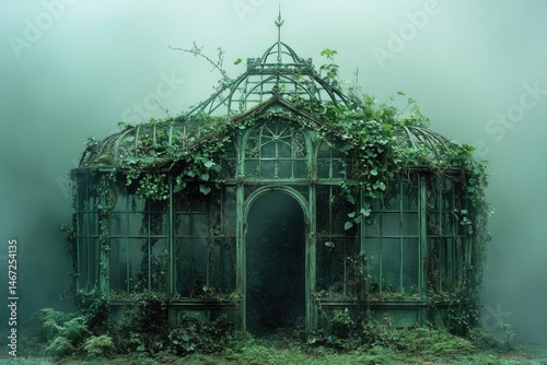 An overgrown, abandoned greenhouse shrouded in mist, evoking a sense of mystery and decay.