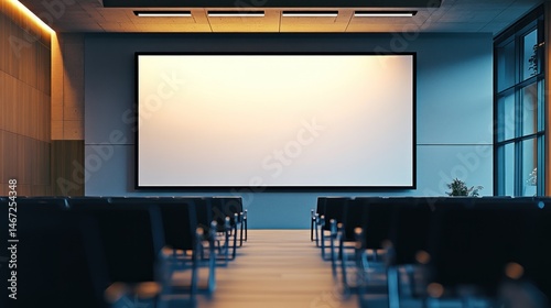 Empty modern conference room with large blank screen.