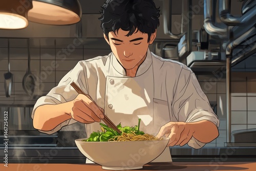 An anime-style chef in a white uniform prepares a noodle dish with green vegetables using chopsticks in a professional kitchen setting.