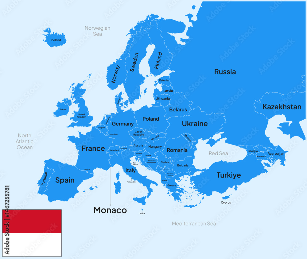 Obraz premium Europe Map Highlighted at Monaco Country with Flag