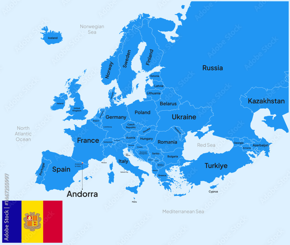 Fototapeta premium Europe Map Highlighted at Andorra Country with Flag and capital city