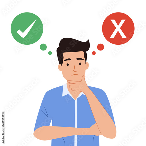 Business decision right or wrong. Man hold signs with tick and cross. True or false. Moral choice. Male character makes decision. Cartoon flat vector illustration isolated on white background